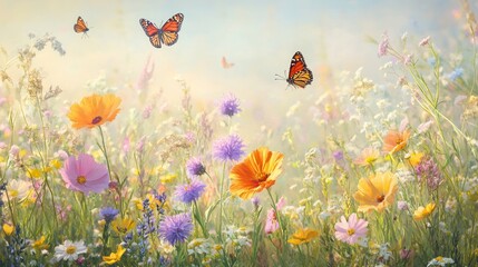 Wall Mural - Bright wildflowers bloom as butterflies dance gracefully around a sunny meadow, evoking a sense of tranquility and joy. Generative AI