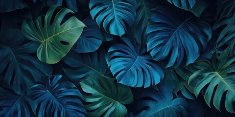 Wall Mural - Tropical leaves and blue foliage plants against a space-themed backdrop.