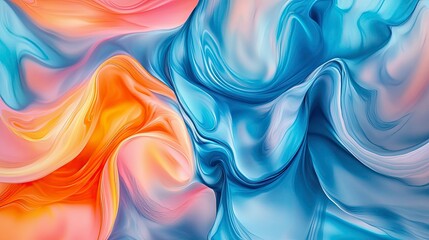 A colorful abstract painting in a fluid art style, featuring bold shades of blue, vibrant coral, and yellow, with smooth curves and rippling textures