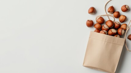 Fresh hazelnuts are presented in a clear plastic bag against a bright white background, making them an appealing option for healthy snacking or baking