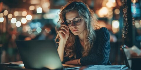 Poster - Young businesswoman reflecting while working on a laptop and reading client emails, indicating long work hours.