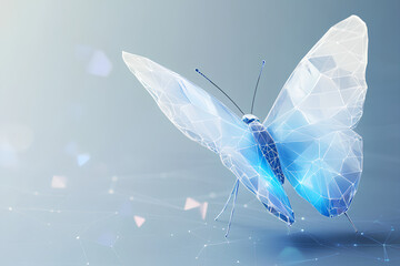 Poster - A blue and white low-poly butterfly with glowing wings, in a futuristic setting, with a blurry network background.