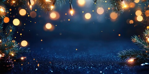 Wall Mural - Holiday-themed background featuring Christmas garland bokeh lights on a dark blue backdrop.