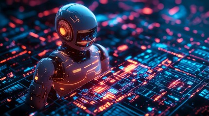 Poster - Futuristic Robot Working on Circuit Board.