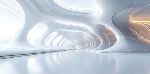 Poster - Futuristic white tunnel with city view.