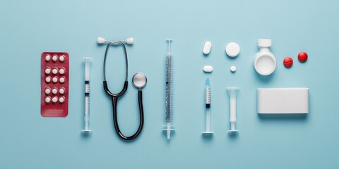 Wall Mural - A creative flat lay of medical equipment, including a stethoscope, thermometer, syringe, and pills, is set against a blue background.