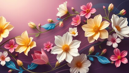 Wall Mural - a vibrant abstract background with detailed floral elements in shades of pink, yellow, and white. pe