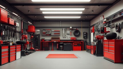 A professional repair shop with neatly arranged tire changers and toolboxes creating a clean and immersive automotive environment