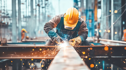 Construction worker welding steel beams, sparks flying as he shapes the metal, welding work, metal construction