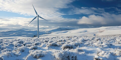 A wind turbine rising above snowy hills.