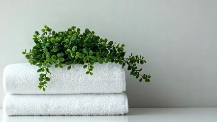 Wall Mural - A white towel and a green plants on a white surface.