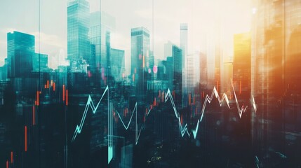 Chart and city view merge, showing a surge in forex. Trade concept.