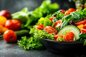 Wall Mural - Fresh salad with vibrant vegetables including cherry tomatoes and leafy greens in a dark background, perfect for healthy eating.