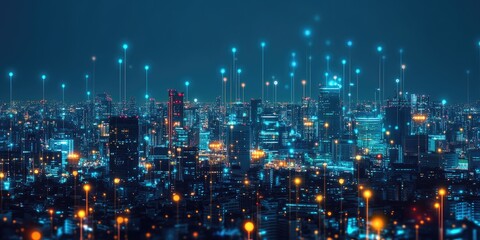 Wall Mural - Wireless network and connection technology concept with a modern cityscape at night.