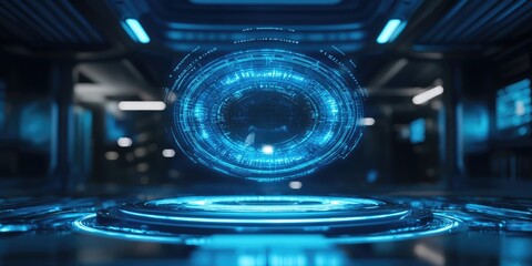 Wall Mural - Blue hologram portal concept featuring a sci-fi circular teleport effect and futuristic technology elements.