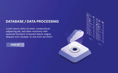 Poster - Big data flow processing concept, cloud database, isometric vector, web hosting and server room icons ultraviolet, cloud storage isometric, Isometric Vector of Cloud Databases
