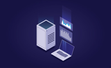 Poster - Big Data Flow Processing in Ultraviolet: Isometric Vector of Cloud Databases, Web Hosting, and Server Rooms
