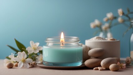 Wall Mural - Spa essentials on a pastel blue background.