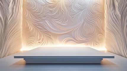 A smooth, polished white platform stands before intricately textured walls with flowing designs, softly illuminated by gradient lighting for a refined, modern product presentation.