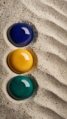 Three colorful zen stones at right side of sand background