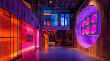 Converted grain silo vertical indoor skydiving facility  in a vibrant, highenergy shot with dynamic lighting and a focus on the unique architectural adaptation for indoor skydiving