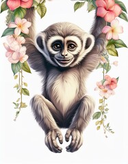 Canvas Print - Gibbon with flowers 