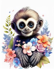 Canvas Print - Gibbon with flowers 