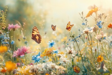 Poster - Wildflowers bloom vibrantly as butterflies dance gracefully in a sunny meadow, bringing life to the serene natural setting. Generative AI