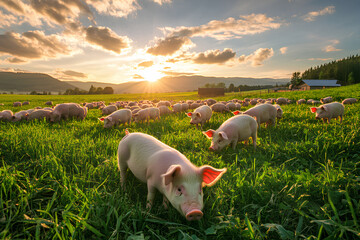 Wall Mural - A herd of pink piglets graze in a lush green field at sunset, with a barn and mountains in the background.