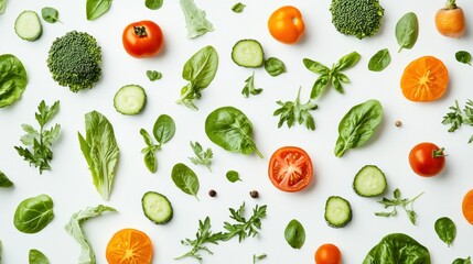 Assortment of Fresh Vegetables and Herbs on White Background