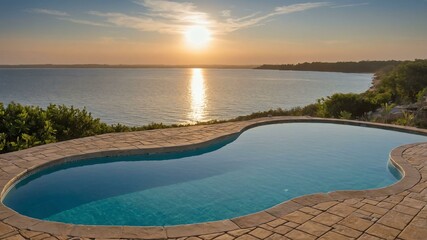 Poster - stock photography shallow area pool for kids with a morning view