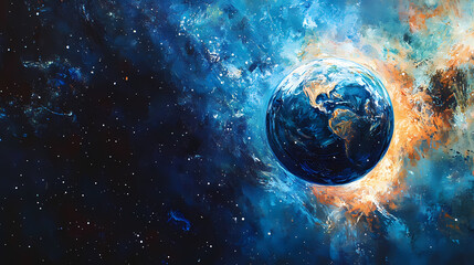 blue planet in space, stars and a nebula background, floating in the vast expanse with vivid colors 