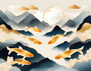 Wall Mural - A group of gold koi fish Abstract mountain and golden line arts background