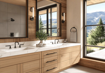 modern bathroom with white tiles and 2 sinks and mirrors