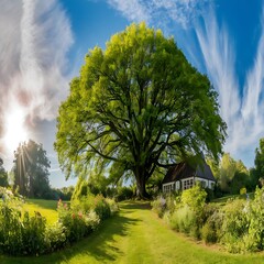 Sunny summer landscape panorama with tree. Clear and easy to use.