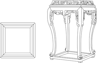 Poster - Vector sketch illustration of the silhouette of a furniture design, table and chairs, full of ornate carving ornaments, vintage, classic, ethnic, traditional, modern, Chinese