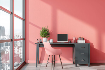 A pink office room with pink chair and workspace with a laptop on the table