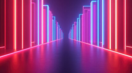 Poster - A futuristic corridor illuminated with vibrant neon lights, creating a captivating atmosphere of digital art.