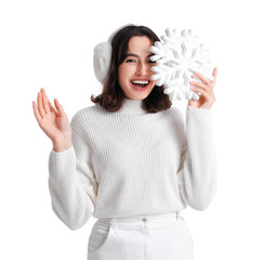 Poster - Young woman in warm sweater with snowflake on white background