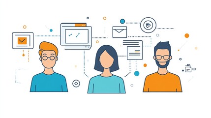 Aufkleber - Teamwork and collaboration concept with three people connected by lines and icons.
