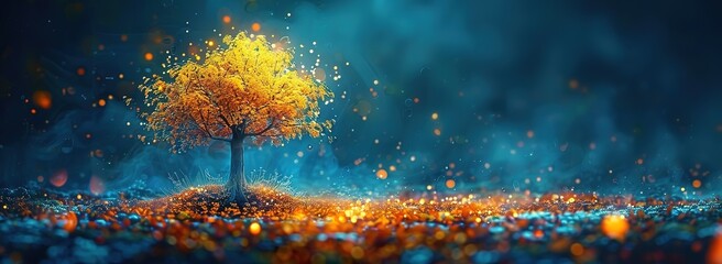 Wall Mural - A golden tree glows in a field of glowing lights, creating a magical and dreamlike scene.
