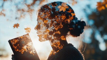 Wall Mural - Tranquil Moments - Young Adult Reading to De-stress in Cozy Setting with Double Exposure of Falling Leaves. Calming Profile View with Copy Space.