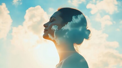 Wall Mural - Tranquil Middle-Aged Woman Stretching in Double Exposure Silhouette Against Open Sky with Soft Pastel Tones for Stress Relief and Wellness Concept. Focus on Copy Space.