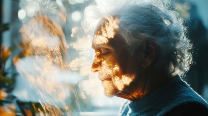 Wall Mural - Tranquil Senior Citizen Painting Silhouette in Double Exposure with Copy Space for Relaxation and Meditation