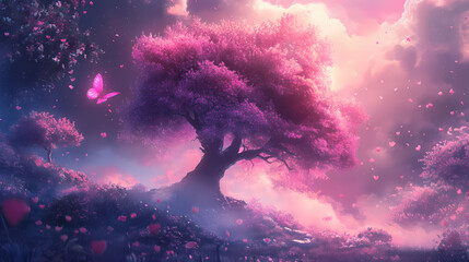 Fairy tale landscape in fantasy style with pink mist and magic tree. Fairy. Illustration