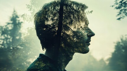 Wall Mural - Tranquil Escape: Middle-Aged Man Embracing Nature in Double Exposure Silhouette with Tall Trees.