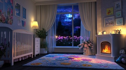 beautiful baby bedroom with fire heator big long windows night time