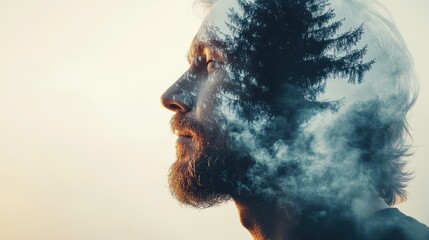 Wall Mural - Inner Peace: Middle-Aged Man Breathing to Reduce Anxiety - Double Exposure Silhouette with Wind in Cool Tones (Close-Up, Copy Space)