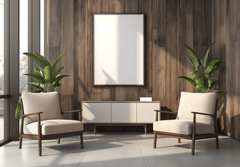 Modern waiting area with a wooden accent wall, empty poster mock-up frame, and cozy seating, offering a bright and stylish space for relaxation or work