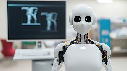 Poster - A humanoid robot in a modern lab environment, showcasing technology integration with a computer display in the background.